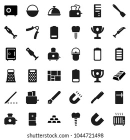 Flat vector icon set - camping cauldron vector, spatula, knife, grater, toaster, blender, dish, pen, award cup, magnet, gold ingot, safe, hand trainer, consolidated cargo, battery, scalpel, fridge