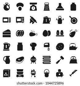 Flat vector icon set - camping cauldron vector, pan, kettle, scales, apron, towel, cook timer, rolling pin, meat hammer, grater, mixer, toaster, microwave oven, double boiler, spices, bbq, plates