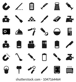 Flat vector icon set - camping cauldron vector, spatula, ladle, knife, grater, toaster, blender, dish, magnet, gold ingot, safe, hand trainer, battery, scalpel, tooth implant, fridge, meat grinder