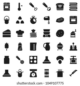 Flat vector icon set - camping cauldron vector, measuring cup, scales, cook hat, apron, towel, timer, press, whisk, skimmer, ladle, hand mill, mixer, oven, double boiler, cookbook, spices, bbq, jug