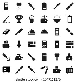 Flat vector icon set - camping cauldron vector, spatula, ladle, knife, grater, toaster, blender, dish, pen, award cup, gold ingot, safe, hand trainer, consolidated cargo, battery, scalpel, fridge