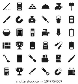 Flat vector icon set - camping cauldron vector, spatula, ladle, knife, grater, toaster, dish, pen, award cup, magnet, safe, gold ingot, hand trainer, consolidated cargo, battery, scalpel, fridge