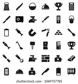 Flat vector icon set - camping cauldron vector, spatula, ladle, knife, grater, toaster, blender, dish, award cup, magnet, gold ingot, safe, hand trainer, consolidated cargo, battery, scalpel, fridge