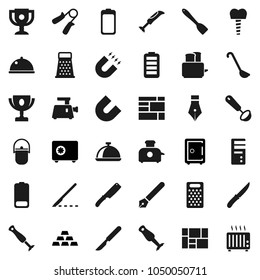 Flat vector icon set - camping cauldron vector, spatula, ladle, knife, grater, toaster, blender, dish, pen, award cup, magnet, safe, gold ingot, hand trainer, consolidated cargo, battery, scalpel