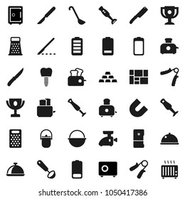Flat vector icon set - camping cauldron vector, ladle, knife, grater, toaster, blender, dish, award cup, magnet, safe, gold ingot, hand trainer, consolidated cargo, battery, scalpel, tooth implant