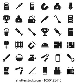 Flat vector icon set - camping cauldron vector, spatula, ladle, knife, grater, toaster, blender, dish, pen, award cup, magnet, hand trainer, consolidated cargo, battery, scalpel, tooth implant