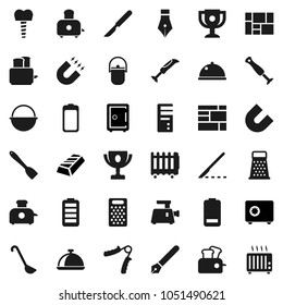 Flat vector icon set - camping cauldron vector, spatula, ladle, grater, toaster, dish, pen, award cup, magnet, gold ingot, safe, hand trainer, consolidated cargo, battery, scalpel, tooth implant