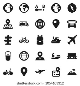 Flat vector icon set - camping cauldron vector, backpack, compass, school bus, world, bike, signpost, navigator, earth, map pin, Railway carriage, plane, ship, route, globe, mountain