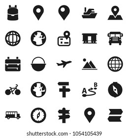 Flat vector icon set - camping cauldron vector, backpack, compass, school bus, world, bike, signpost, navigator, earth, map pin, plane, ship, route, Railway carriage, globe, mountain