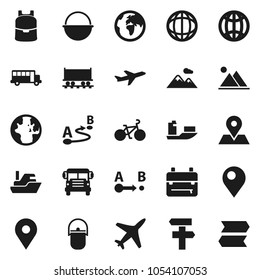 Flat vector icon set - camping cauldron vector, backpack, school bus, world, bike, earth, map pin, Railway carriage, plane, ship, route, globe, mountain, signpost