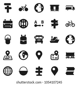 Flat vector icon set - camping cauldron vector, backpack, school bus, world, bike, signpost, navigator, earth, Railway carriage, ship, route, globe, pin