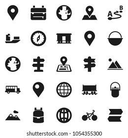Flat vector icon set - camping cauldron vector, backpack, compass, school bus, world, bike, signpost, navigator, earth, map pin, Railway carriage, ship, route, globe, mountain