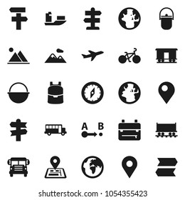 Flat vector icon set - camping cauldron vector, backpack, compass, school bus, world, bike, signpost, navigator, earth, Railway carriage, plane, ship, route, pin, mountain