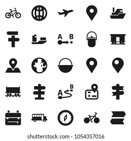 Flat vector icon set - camping cauldron vector, backpack, compass, school bus, world, bike, signpost, navigator, map pin, Railway carriage, plane, ship, route, globe