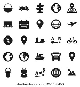 Flat vector icon set - camping cauldron vector, backpack, compass, school bus, world, bike, signpost, navigator, earth, map pin, Railway carriage, plane, ship, route, globe, mountain