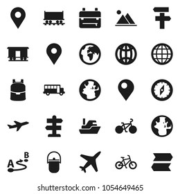 Flat vector icon set - camping cauldron vector, backpack, compass, school bus, world, bike, signpost, earth, map pin, Railway carriage, plane, ship, route, globe, mountain