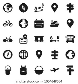 Flat vector icon set - camping cauldron vector, backpack, compass, school bus, world, bike, signpost, navigator, earth, map pin, plane, ship, route, Railway carriage