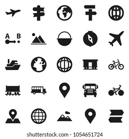 Flat vector icon set - camping cauldron vector, compass, school bus, world, bike, signpost, earth, map pin, Railway carriage, plane, ship, route, globe, mountain