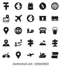 Flat vector icon set - camping cauldron vector, backpack, compass, school bus, world, bike, signpost, navigator, earth, map pin, Railway carriage, plane, ship, route, globe, mountain