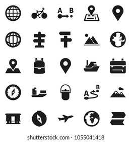 Flat vector icon set - camping cauldron vector, backpack, compass, world, bike, signpost, navigator, earth, map pin, plane, ship, route, Railway carriage, globe, mountain