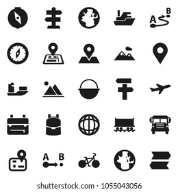 Flat vector icon set - camping cauldron vector, backpack, compass, school bus, world, bike, signpost, navigator, earth, map pin, Railway carriage, plane, ship, route, mountain
