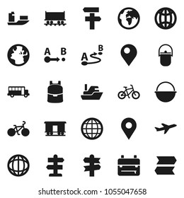 Flat vector icon set - camping cauldron vector, backpack, school bus, world, bike, signpost, earth, Railway carriage, plane, ship, route, globe, pin