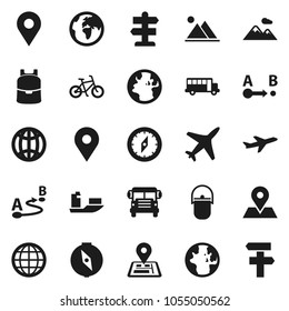 Flat vector icon set - camping cauldron vector, backpack, compass, school bus, world, bike, signpost, navigator, earth, map pin, plane, ship, route, globe, mountain