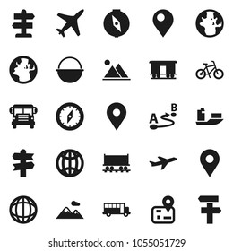 Flat vector icon set - camping cauldron vector, compass, school bus, world, bike, signpost, navigator, earth, map pin, Railway carriage, plane, ship, route, globe, mountain