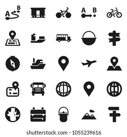 Flat vector icon set - camping cauldron vector, backpack, compass, school bus, world, bike, signpost, navigator, map pin, plane, ship, route, Railway carriage, globe, mountain