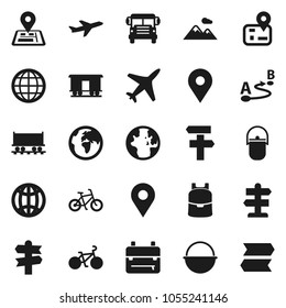 Flat vector icon set - camping cauldron vector, backpack, school bus, world, bike, signpost, navigator, earth, map pin, Railway carriage, plane, route, globe, mountain