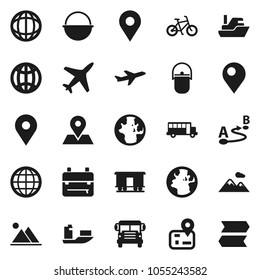 Flat vector icon set - camping cauldron vector, backpack, school bus, world, bike, navigator, earth, map pin, plane, ship, route, Railway carriage, globe, mountain, signpost