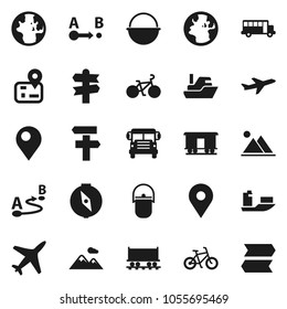 Flat vector icon set - camping cauldron vector, compass, school bus, world, bike, signpost, navigator, earth, map pin, Railway carriage, plane, ship, route, mountain