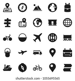 Flat vector icon set - camping cauldron vector, backpack, compass, school bus, bike, signpost, navigator, earth, map pin, Railway carriage, plane, ship, globe, mountain