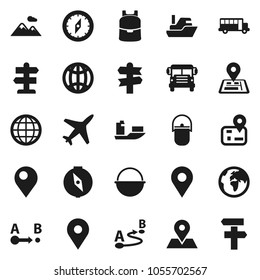 Flat vector icon set - camping cauldron vector, backpack, compass, school bus, signpost, navigator, earth, map pin, plane, ship, route, globe, mountain