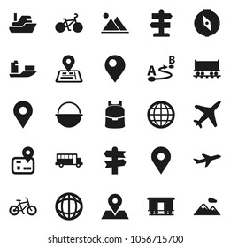 Flat vector icon set - camping cauldron vector, backpack, compass, school bus, world, bike, signpost, navigator, map pin, Railway carriage, plane, ship, route, globe, mountain