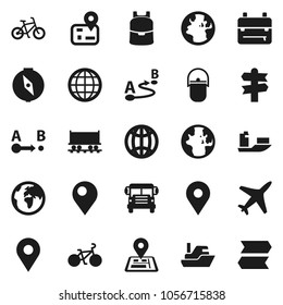 Flat vector icon set - camping cauldron vector, backpack, compass, school bus, world, bike, signpost, navigator, earth, map pin, Railway carriage, plane, ship, route, globe