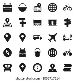 Flat vector icon set - camping cauldron vector, backpack, compass, school bus, bike, signpost, navigator, map pin, Railway carriage, plane, route, globe