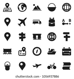 Flat vector icon set - camping cauldron vector, backpack, compass, school bus, world, bike, signpost, navigator, earth, map pin, Railway carriage, plane, ship, route, globe, mountain