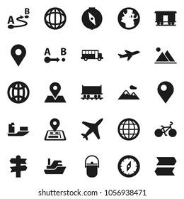 Flat vector icon set - camping cauldron vector, compass, school bus, world, bike, signpost, navigator, earth, map pin, Railway carriage, plane, ship, route, globe, mountain