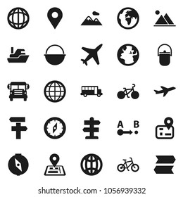 Flat vector icon set - camping cauldron vector, compass, school bus, world, bike, signpost, navigator, earth, plane, ship, route, globe, pin, mountain
