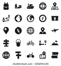 Flat vector icon set - camping cauldron vector, backpack, compass, world, bike, signpost, navigator, earth, map pin, plane, ship, route, Railway carriage, globe, mountain