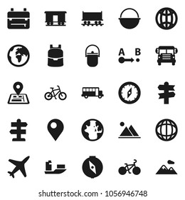 Flat vector icon set - camping cauldron vector, backpack, compass, school bus, world, bike, signpost, navigator, earth, Railway carriage, plane, ship, route, globe, pin, mountain