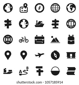 Flat vector icon set - camping cauldron vector, backpack, compass, world, bike, signpost, navigator, earth, map pin, plane, ship, route, Railway carriage, globe, mountain