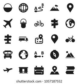 Flat vector icon set - camping cauldron vector, backpack, compass, school bus, world, bike, signpost, navigator, earth, map pin, plane, route, Railway carriage, mountain