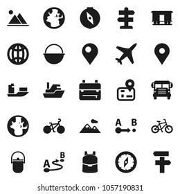 Flat vector icon set - camping cauldron vector, backpack, compass, school bus, world, bike, signpost, navigator, earth, map pin, plane, ship, route, Railway carriage, globe, mountain