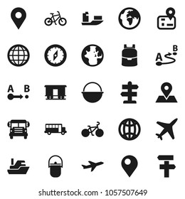 Flat vector icon set - camping cauldron vector, backpack, compass, school bus, world, bike, signpost, navigator, earth, map pin, plane, ship, route, Railway carriage, globe