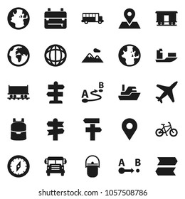 Flat vector icon set - camping cauldron vector, backpack, compass, school bus, world, bike, signpost, earth, map pin, Railway carriage, plane, ship, route, mountain