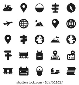 Flat vector icon set - camping cauldron vector, backpack, compass, world, signpost, navigator, earth, map pin, Railway carriage, plane, ship, globe, mountain