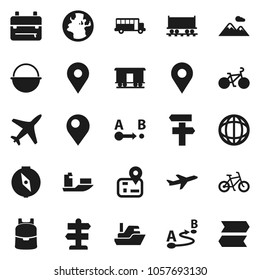 Flat vector icon set - camping cauldron vector, backpack, compass, school bus, world, bike, signpost, navigator, earth, map pin, Railway carriage, plane, ship, route, mountain