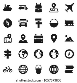 Flat vector icon set - camping cauldron vector, backpack, compass, school bus, world, bike, signpost, navigator, earth, map pin, Railway carriage, plane, ship, globe, mountain